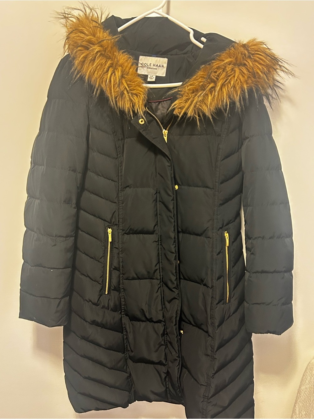 Cole Haan Black Quilted Puffer Coat with Brown Faux-Fur Trim